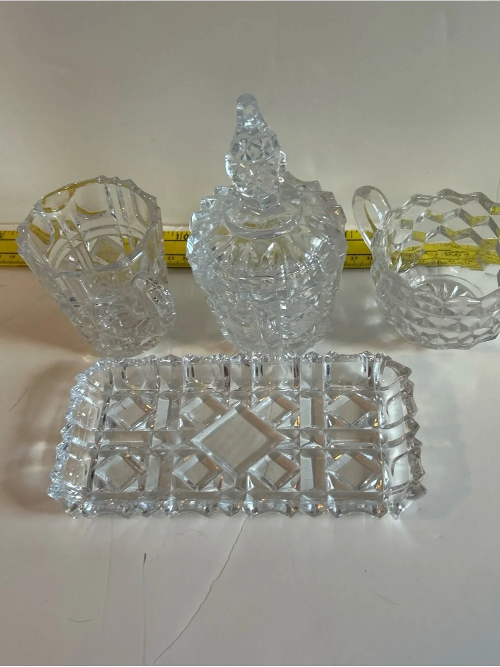 American Brilliant Elegant Cut Glass Creamer, Sugar bowl with Lid, and Tray